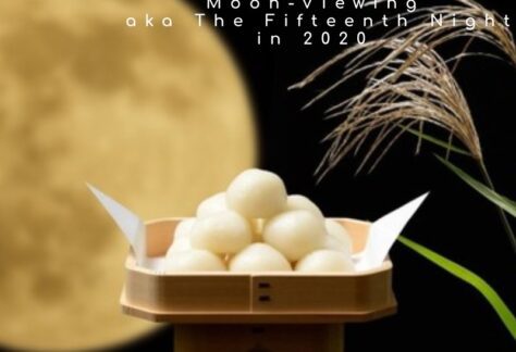 Japanese Culture, October in Japan, The Full moon in the background with pampas grass and a pyramid of rice cake balls.